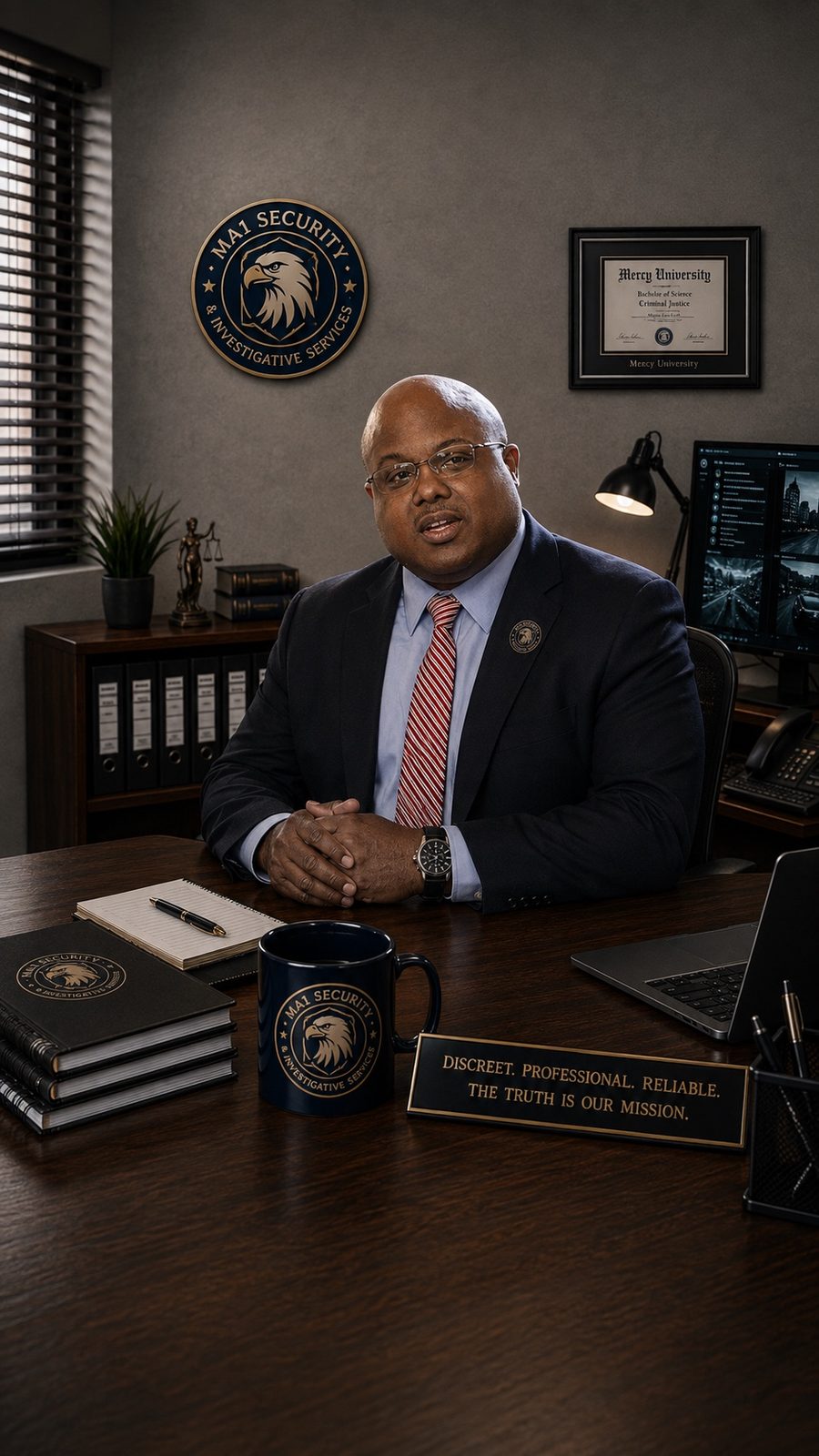 MA1-branded office portrait beneath the company seal