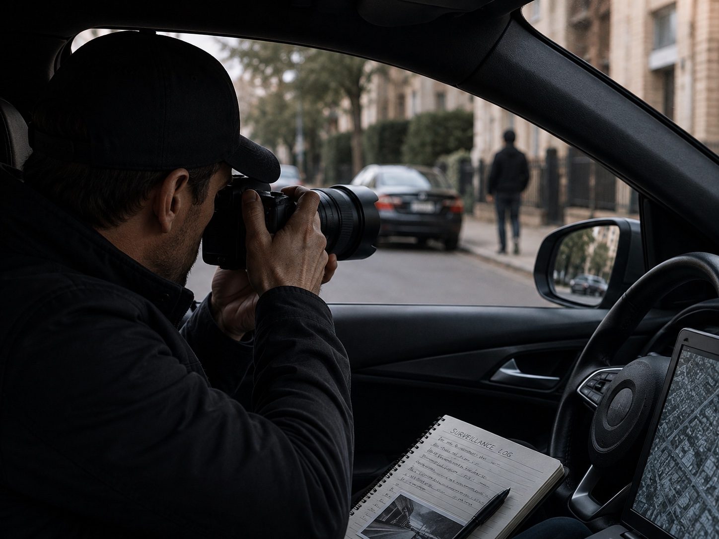 Investigator conducting surveillance from a vehicle