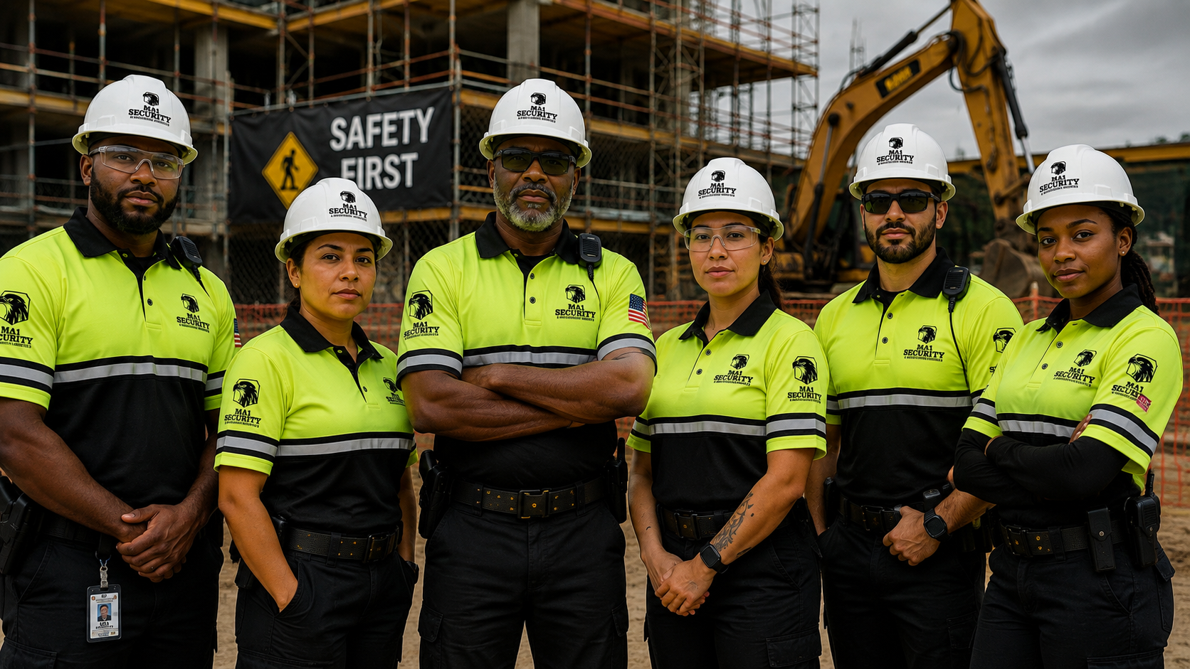 MA1 construction security team in high-visibility uniforms and hard hats