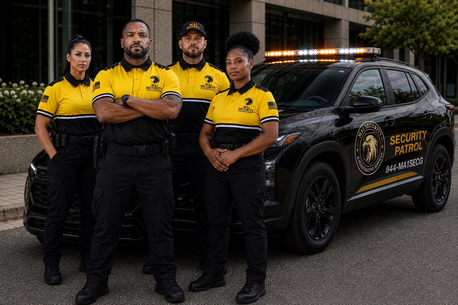 MA1 uniformed team beside a marked security patrol SUV
