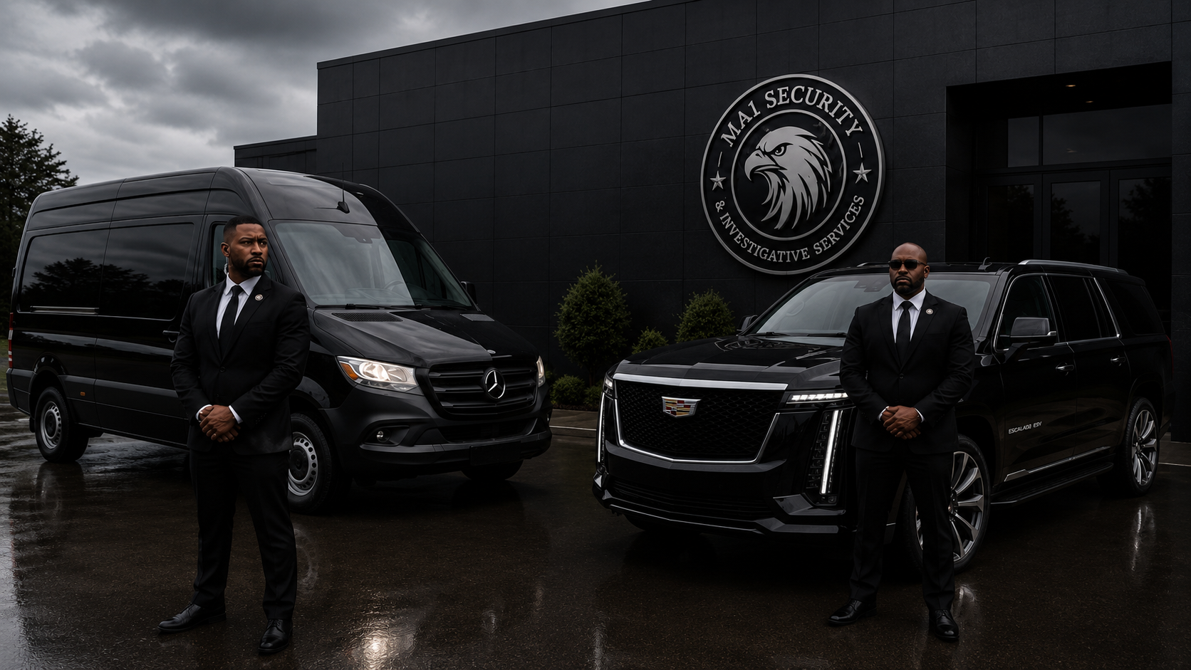 Protective personnel beside an executive SUV and passenger van