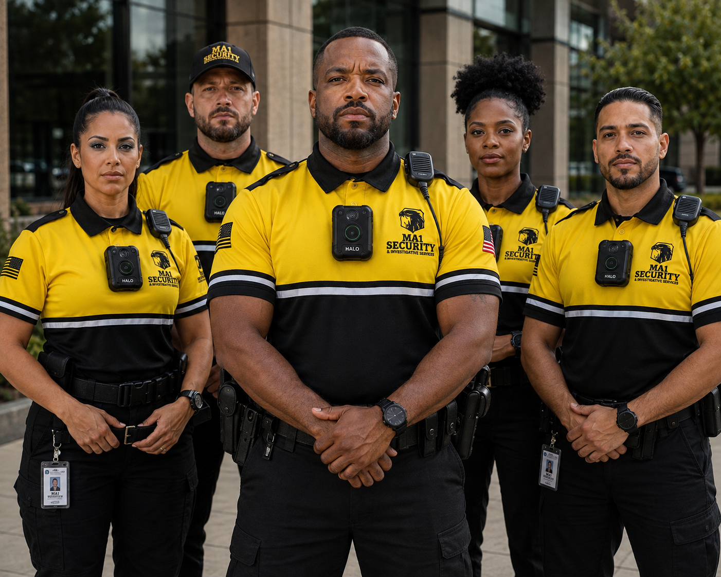 MA1 guards wearing yellow and black uniforms with body cameras and radios