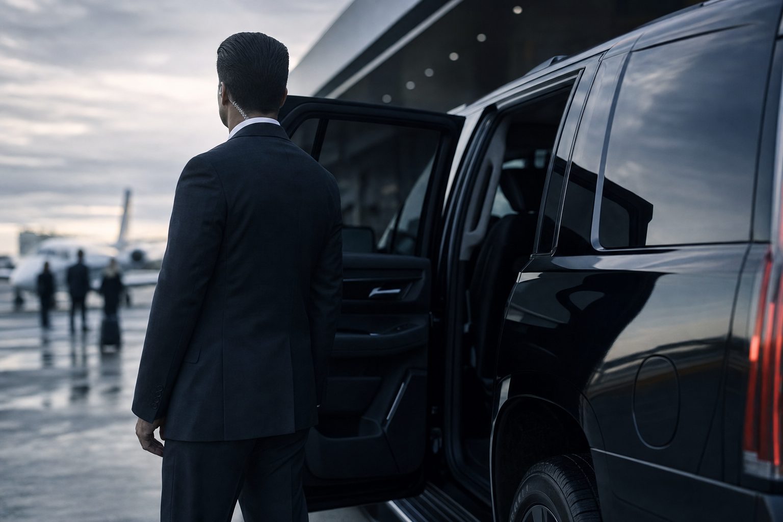 A suited protection agent holding the rear door of a black executive SUV open at a private terminal