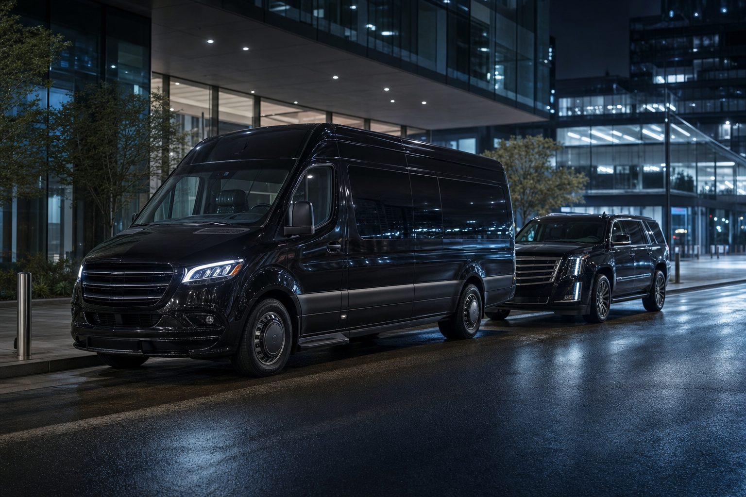 A black luxury Sprinter coach and executive SUV staged at the curb of a corporate tower at night